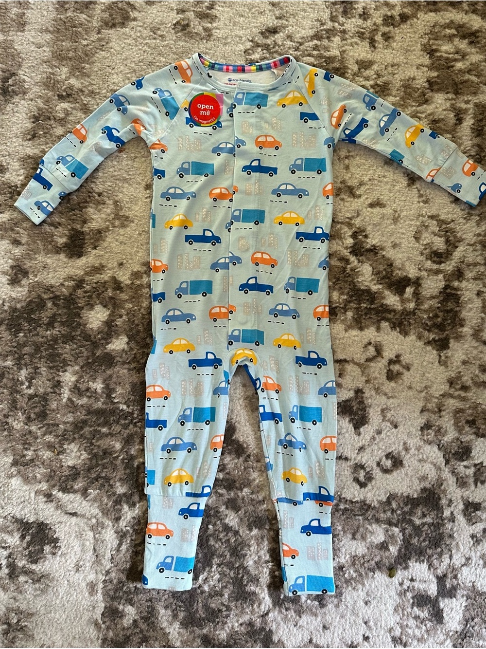 Magnetic Me Light Blue Car & Truck Print Footie with Orange and Yellow Accents